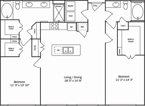 A floor plan of a home with a living room, dining room, two bedrooms, and a laundry area.